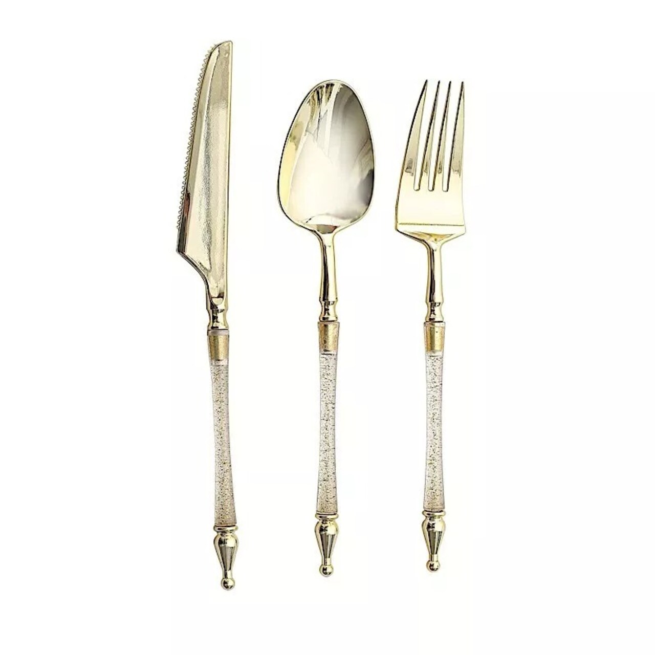 24 CLEAR GOLD Plastic CUTLERY Roman Column Handle Spoon Fork Knife Set